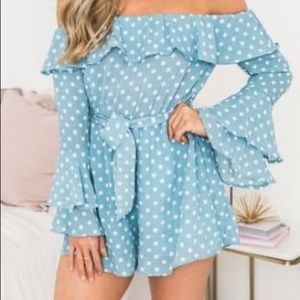Off shoulder polka dot blue romper